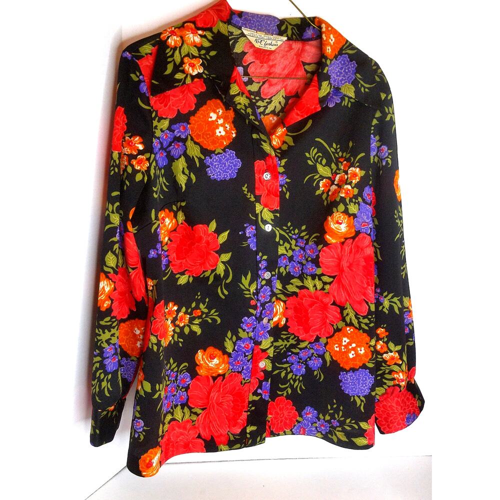 Vtg 70s NPC Fashions Floral Dagger Collar Button Up Blouse Retro Boho Chic READ